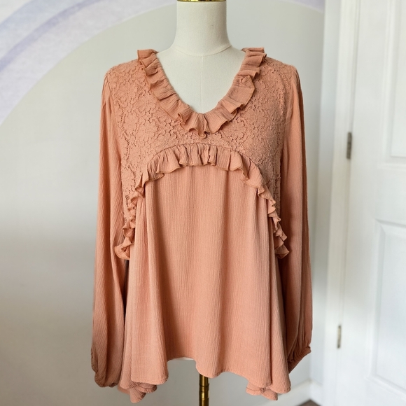ODDY Tops - ODDY | Large | Peach Floral Lace Ruffle Babydoll Top